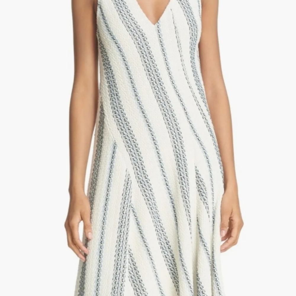 TORY BURCH STACEY STRIPE TWEED A-LINE DRESS  CELESTE/VERDE CROSSHATCH $425
